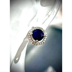Blue Sapphire Halo Stud Earrings | Sterling Silver Rhodium